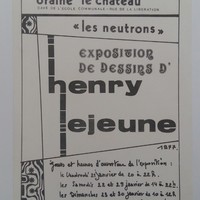 Affiche pour l'exposition de dessins d'Henry Lejeune : Les neutrons, à Braine-le-Château  du 21 au 30 janvier 1977