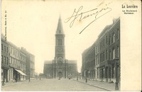 Carte postale de l'église Saint-Joseph de La Louvière vue du Boulevard Mairaux