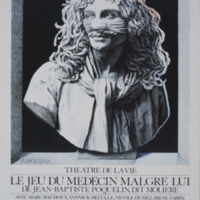 Carte postale de l'affiche pour Le Jeu du Médecin malgré lui, de Molière - Théâtre de la vie, B-Bruxelles 1984 / Jacques Richez