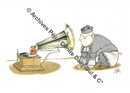 His master’s voice  –  Curé accroupi devant électrophone à pavillon et écoutant la voix de son cardinal dont la crosse sert d’aiguille sur le disque. 
